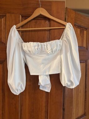 12th Tribe White Off-Shoulder Puff Sleeve Tie-Back Crop Top